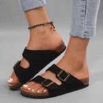 Women’s Sandal Slides– Adjustable Buckle Slippers, Lightweight with Cork Footbed Black Size 8 Photo 1