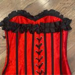 None Ruby Red Steel Bonded Satin Ribbon Overbust Ruffle Waist Trainer Corset … Photo 7