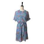 Loft Short Ruffle Sleeve Tie Waist Dress Blue Pink Floral Women’s Size Large Photo 11