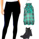 Xxi  cute green and black plaid high collar ruffle sleeveless top. New Photo 1