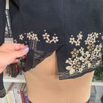 Vintage 90s Embroidered Jean Jacket Black Denim Tan Floral Bohemian Size Small Photo 11