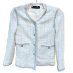 ZARA Blazer Tweed Frayed Pearl Button Jacket Cream Silver Metallic Womens Sz XS Photo 3