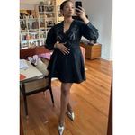 Maje  Black Linen Blend Openwork Embroidered Puff Sleeves Mini Dress Size 38 Photo 10