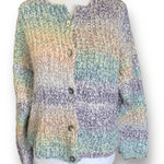 Vintage Pastel Ombre Hand Knit Cardigan Chunky Cropped Sweater Rainbow Cozy Yellow Size L Photo 0