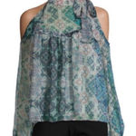 NWT Womens Libby Edelman Printed Open Cold Shoulder Tie Neck Blouse Top Photo 0