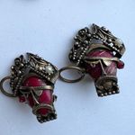 Vintage Selro Pirate Face Red Rhinestone Gold Brass Bracelet & Earrings Set Silver Photo 3