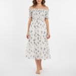 AQUA Smocked Off Shoulder Floral Midi Dress White Blue Yellow Size S Photo 7