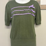 Modcloth  Olive Green Knit Puff Short Sleeve Sweater Light Purple Ribbon- Medium Photo 0