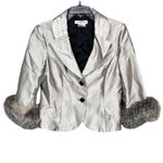 Kay Unger  Metallic Silver Blazer Jacket with Faux Fur Cuffs – Size 10 Photo 1