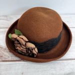 Vintage Brown 100% Wool Bucket Hat with Flower Flapper 1920s Style Derby Lace Photo 2