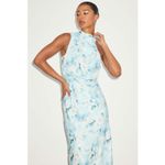 Lulus NWT  Distinctive Charm Blue Floral Satin Asymmetrical Midi Dress Party XS Photo 2