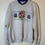 Morning Sun Jerzees Vintage Floral Embroidered Mock‎ Neck Sweatshirt Size Large Gray Photo 0