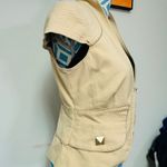 Marciano Blazer Women 10 Tan Deep V Zip Front Gold Studs Cap Sleeves Peplum Back Photo 5