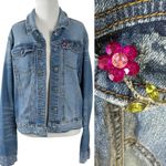 Vintage Flower Brooch & Mossimo Denim Jacket Size XXL Bohemian Fall Distressed Blue Photo 1