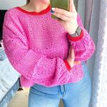 Free People Home Run Pink Red Crochet Knit Slouchy Pullover Sweater Size Small Photo 1