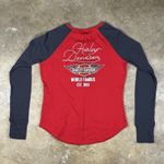 Harley Davidson Women’s Raglan‎ Henley Shirt Size Medium Red Gray Long Sleeve Photo 1