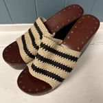 Joie  Black Ivory Black Woven Stripe Braided Leather Platform Wood Wedges 10 - 40 Photo 3