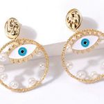 Evil Eye Pearl Beaded Stud Drop Earrings Gold Photo 0