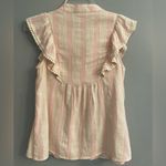 THML  Embroidered Floral Boho Ruffle Striped Pink & Cream Top w Fringe Ties Photo 6