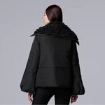Vera Wang Simply Vera Puffer Jacket Faux Fur Collar Hood Black Medium Balloon Sleeve Photo 5