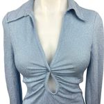 ZARA  Blue Metallic Ruched Keyhole V-neck Collar Long Sleeve Blouse Top Size XS Photo 2
