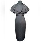 Entro Black Satin Bubble Puff Sleeves Faux Wrap Dress High Low Hem Belt‎ Midi S Photo 2