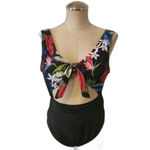 Black floral one piece swimsuit with tie front and high cut bottoms Size L Photo 1