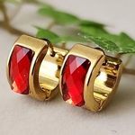 Gold with Ruby Red Crystal Huggie Cuff Hoop Earrings Photo 0