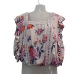 Angie Square Neck Crochet Crinkle Floral Flutter Ruffle Blouse Top Cream Large Photo 1