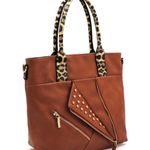 Studded Motorcycle Jacket Leopard Trim Satchel Brown Photo 0