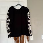 Reworked Clothing Cow Print Fringe Long Sleeve Top Rodeo Western Cowgirl Black Photo 6