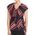Tory Burch Amelia Navy Blue Multicolor Stripe Ruffled Wrap Blouse Top Sz 8 Photo 0