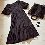 Chico's  Poplin Fringe Puff Sleeve Dress Midi Length Black Tiered Skirt Size 12 Photo 0
