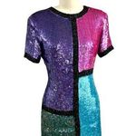 Neiman Marcus Stunning Bright Colorblock Sequin Dress Power Shoulders 1980s Sz S Photo 0