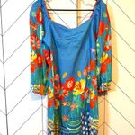 Farm Rio  Women’s XS Linen Blend Printed Mini Dress Blue Red Flower Puff Sleeve Photo 2