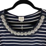 cupio  Womens Top Rhinestones Sequins Knit Stretch Striped Navy Blue White S Photo 1