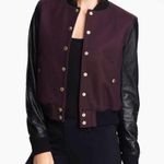 Theory Varsity Jacket Womens P Burgundy Dex Wool Leather Sleeves Academia Retro Photo 14