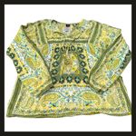 Bila Boho Peasant Top Women’s Medium Paisley Floral Green Yellow 100% Cotton EUC Photo 2