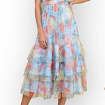 Lulus Perfectly Divine Blue Floral Tulle Tiered Ruffle Midi Dress Sz M NWT Size M Photo 0