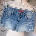 Forever 21 Low Rise Blue Denim Shorts with White Embroidery Photo 6