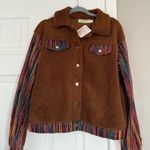 Southern Grace Bohemian Colorful Print Sleeve Brown Sherpa Lightweight Jacket Photo 0