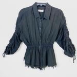 Free People Pacific Dawn Dark Grey Distressed Fitted Waist Scrunched Sleeve Top Photo 3