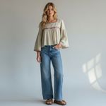 Natural Life  Bohemian Cottage Embroidered Square Neck Bell Sleeve Top Size Large Photo 1