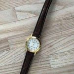 Milan Ladies Watch Vintage Gold Tone Case w/Date Silver Dial Tan Leather Strap Photo 3