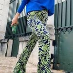 ZARA Green & Blue Swirl Print High Rise Velvet Split Hem Flare Pants S NWT Photo 2