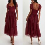 Lulus Sweet Amor Burgundy Tulle Swiss Dot Tiered Bustier Midi Dress Size M Photo 4