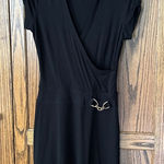 Cache black faux wrap knee length dress gold accents flattering short Small Photo 0