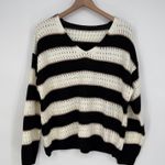 Striped Open Knit Sweater V Neck Black Cream Lightweight Size L Size L Photo 1
