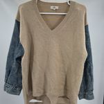 Entro Tan V-Neck denim sleeve contrast distressed sweater casual mixed material Photo 8