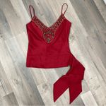 DStudio Silk Beaded Sash Tie Sleeveless Blouse Maroon Red 6 Red Photo 10